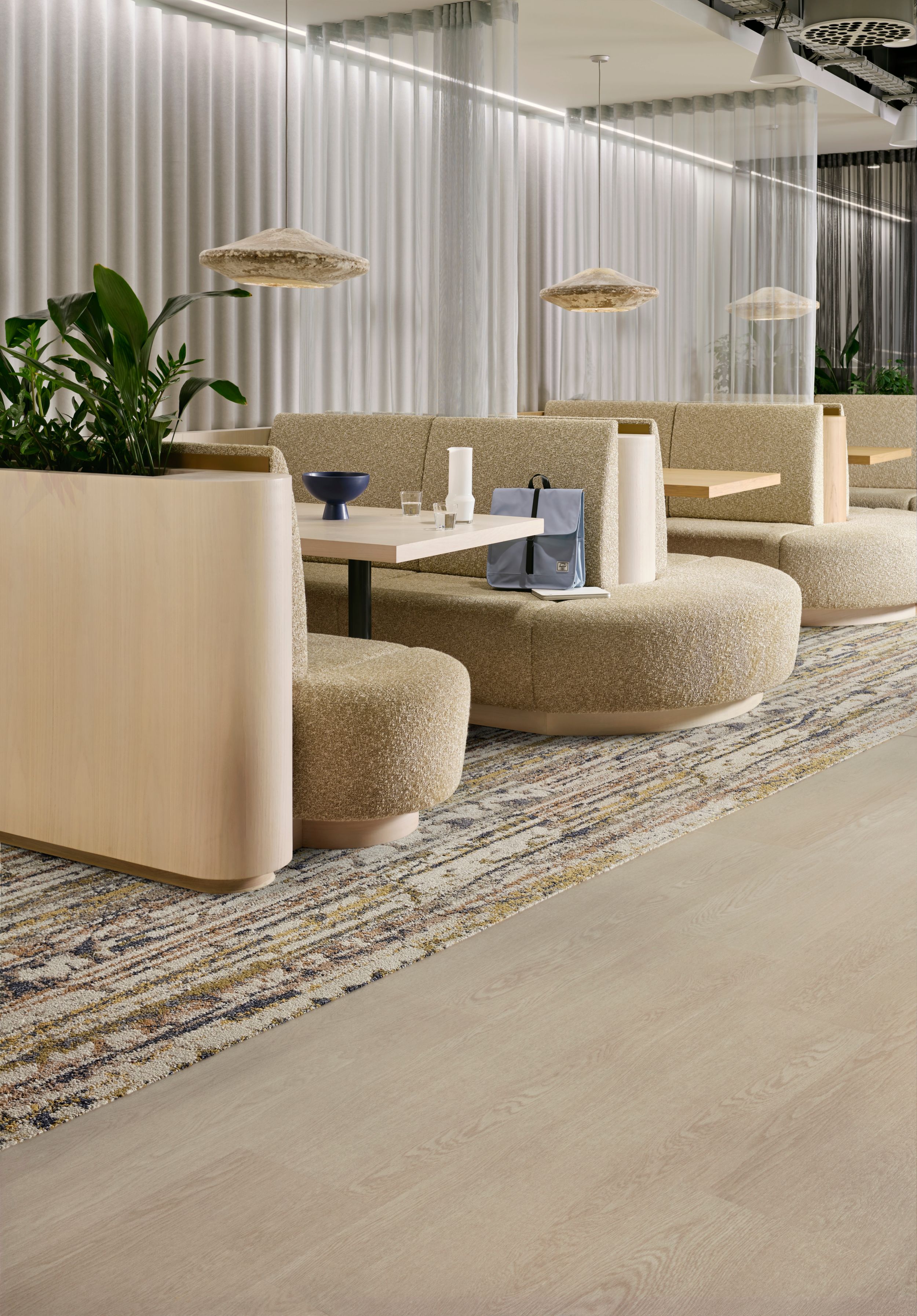 Interface Shifting Seasons plank carpet tile with Northern Grain plank LVT in workplace break area image number 5